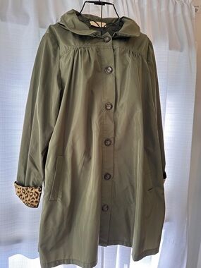 Kate Kasin Women's Olive Hooded Trench Coat with Leopard Cuff